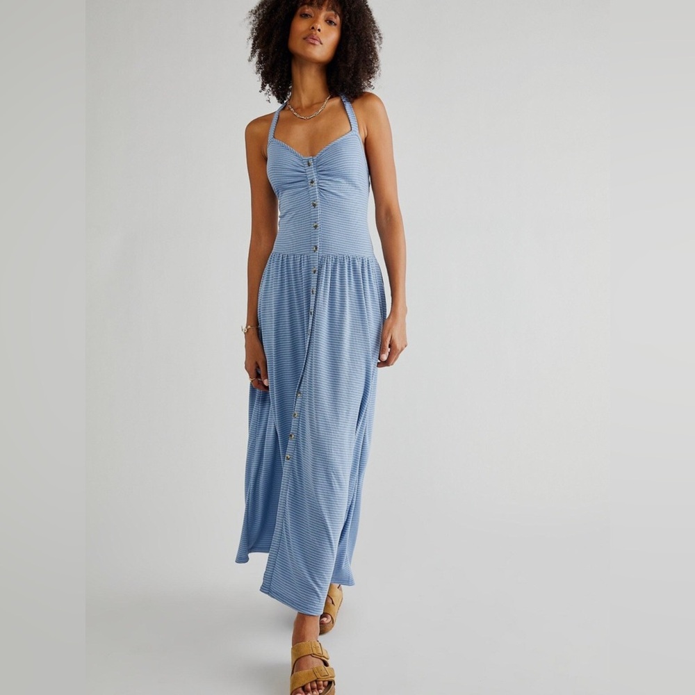 Free People Nina Blue Striped Halter Maxi Dress L